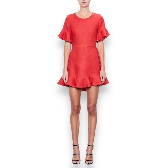 MLM Label Red 100% Linen Open Back Ruffled Flutter Sleeve Mini Dress - Picture 1 of 5